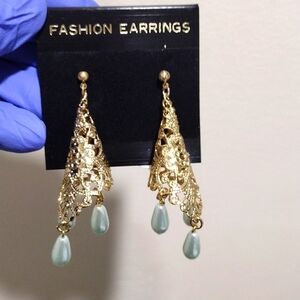 Women's Gold-tone Filigree Cone Shape Design Beaded Drop Dangle Earrings, #5